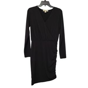 Michael Kors Black Ruched Asymmetric Long Sleeve Dress Size M, LBD Surplice Neck